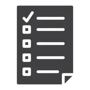 A black and white icon of a sheet with a check mark on it.