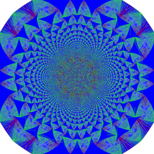 A blue and green circular pattern with triangles