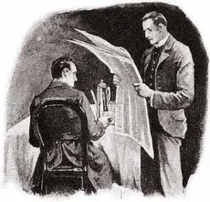 A man is reading a newspaper while another man sits in front of him.