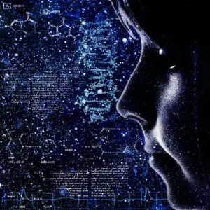 A woman 's face in front of a background with dna and molecular structures.