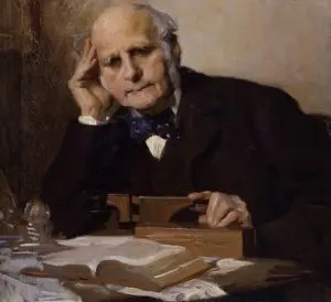 A painting of an old man sitting at a table