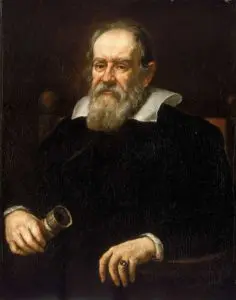 A painting of galileo galilei holding his telescope.
