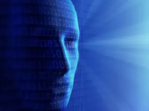 A blue image of a face with binary numbers.