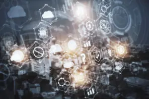 A blurry image of many different icons and symbols.