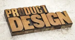 A wooden block with the words product design written in it.