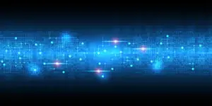 A blue background with glowing lights and lines.