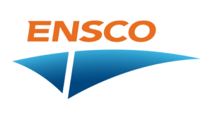 A blue and orange logo for ensco.