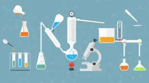 A blue background with several different types of lab equipment.