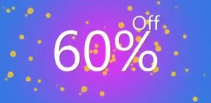 A purple background with yellow dots and white text that says " 6 0 % off ".