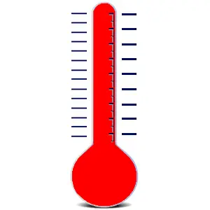 A red thermometer with blue lines on it.