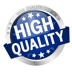 A blue and silver button with the words " high quality ".