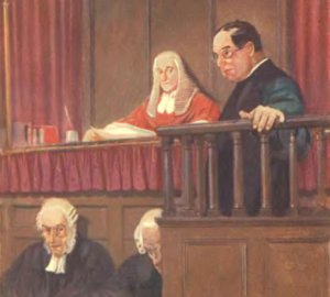 A painting of two men in court, one is sitting at the judge 's bench and the other is standing up.