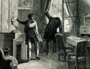 A man standing in front of a window with a horse.