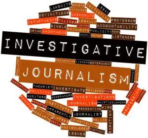 A word cloud of investigative journalism and the words investigate.