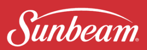 A red and white logo for sunbeam.