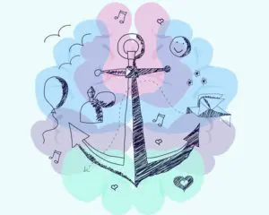 A drawing of an anchor with balloons and hearts.