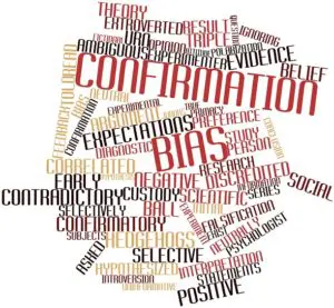 A word cloud of many words related to confirmation bias.