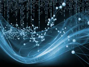 A blue background with binary code and lines.