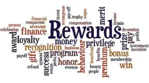 A word cloud of rewards and incentives.