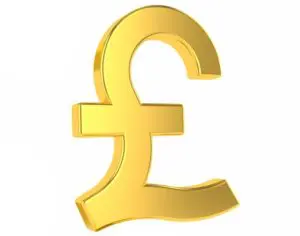A gold pound sign with the british currency symbol in front of it.