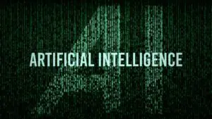A green matrix background with the words artificial intelligence written in it.