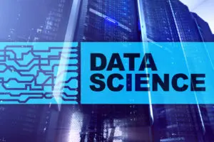A blue and black image of data science