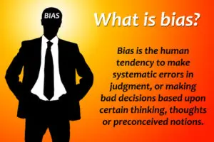 A man with the words " what is bias ?" written underneath his head.