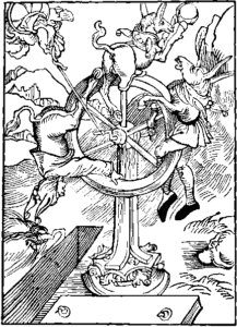 A black and white drawing of a man riding an animal on top of a wheel.