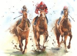 Three horses are racing in a race.