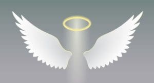 A white angel wings with a halo above it.