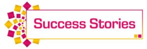 A pink and yellow banner with the words success story.