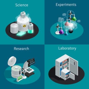 Four images of different types of science and lab equipment.