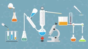 A blue background with several different types of lab equipment.