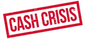 A red and white stamp that says " cash crisis ".