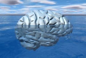 A computer generated image of a brain floating in water.